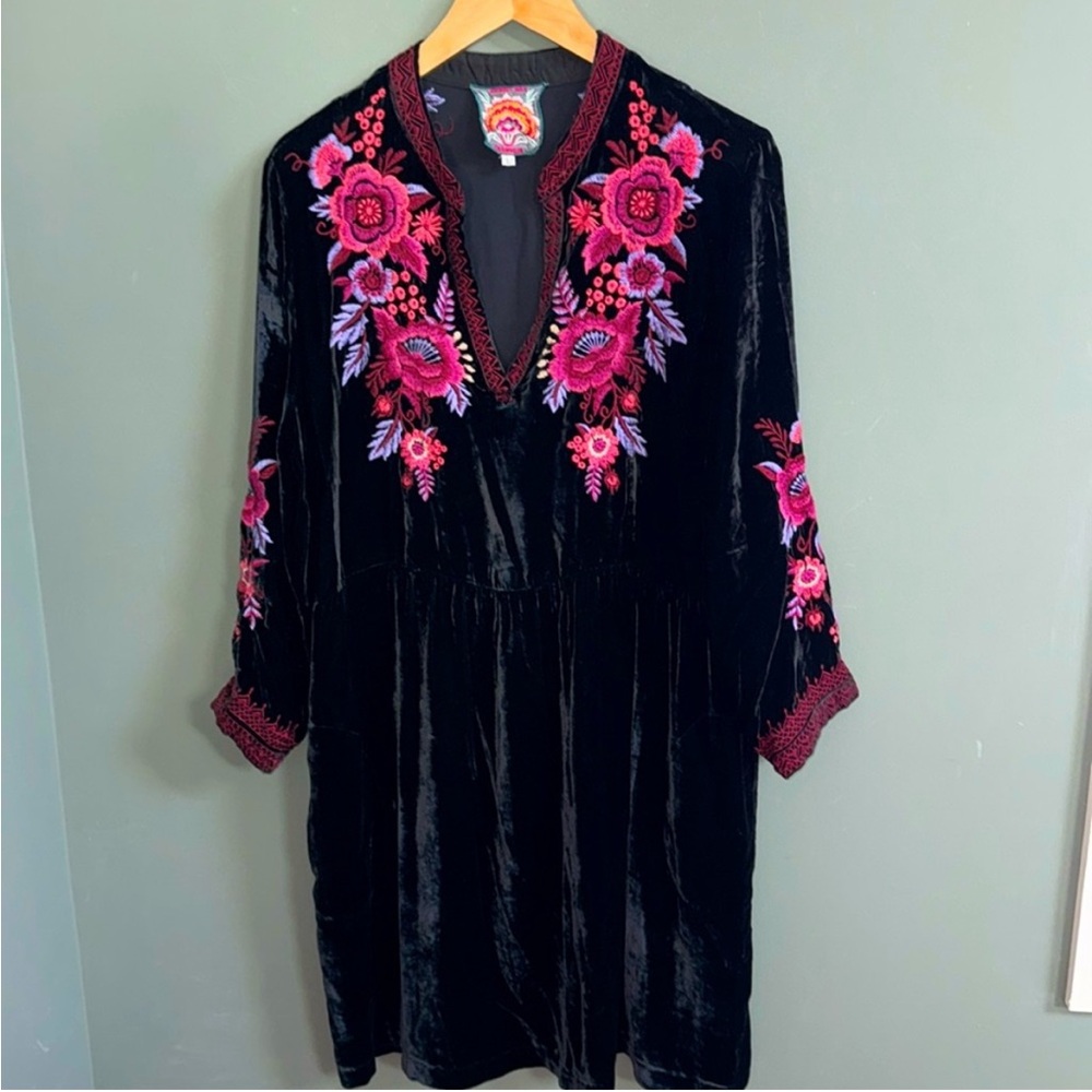 Johnny Was Marcella Velvet Henley Dress Black Pink Boho Holiday Mini POCKETS